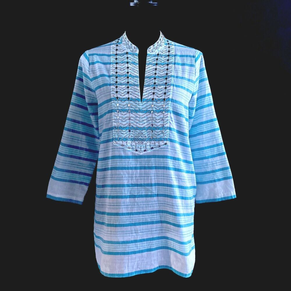 Michael Kors Tunic S White Blue Stripe‎ Silver Bead Embellish Cotton Tunic